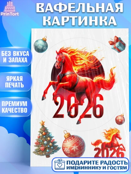 Вафельная картинка, Год лошади 2026, Новый год, 2026, лошадь, лошадка, Ёлка, дед Мороз, год лошади, арт. PT221326