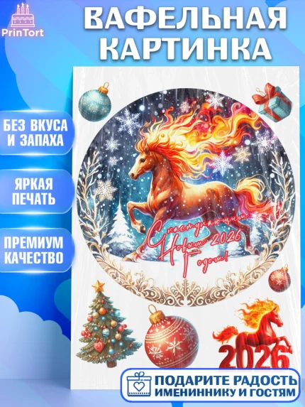 Вафельная картинка, Год лошади 2026, Новый год, 2026, лошадь, лошадка, Ёлка, дед Мороз, год лошади, арт. PT221327
