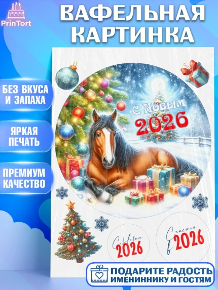 Вафельная картинка, Год лошади 2026, Новый год, 2026, лошадь, лошадка, Ёлка, дед Мороз, год лошади, арт. PT221328