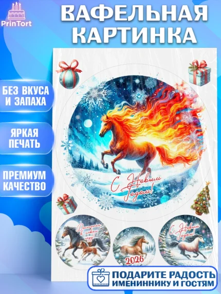 Вафельная картинка, Год лошади 2026, Новый год, 2026, лошадь, лошадка, Ёлка, дед Мороз, год лошади, арт. PT221329