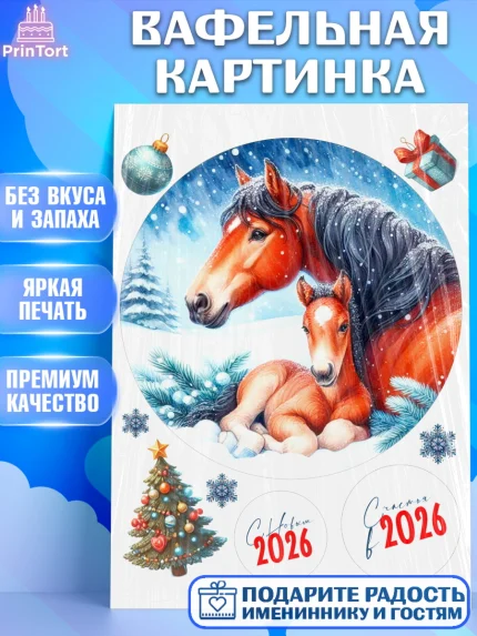 Вафельная картинка, Год лошади 2026, Новый год, 2026, лошадь, лошадка, Ёлка, дед Мороз, год лошади, арт. PT221331