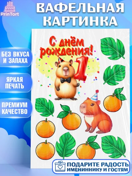 Вафельная картинка, День рождения, Капибара, праздник, Девочка, 1 год, арт. PT221400
