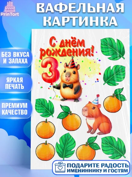 Вафельная картинка, День рождения, Капибара, праздник, Девочка, 3 года, арт. PT221402