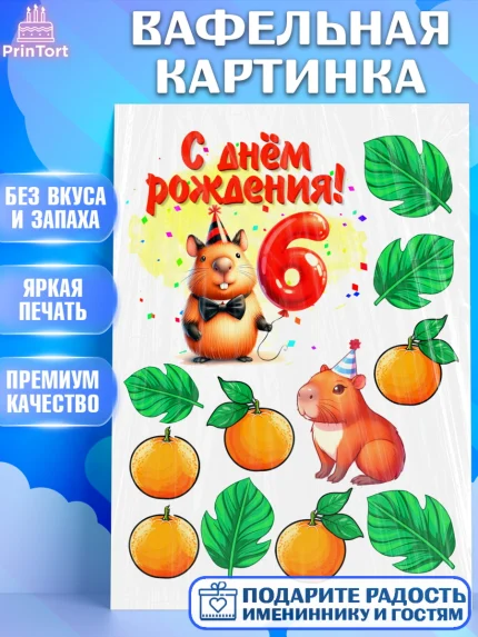 Вафельная картинка, День рождения, Капибара, праздник, Девочка, 6 лет, арт. PT221405