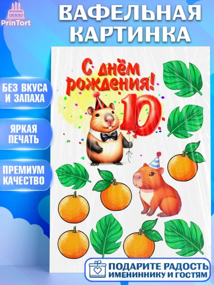 Вафельная картинка, День рождения, Капибара, праздник, Девочка, 10 лет, арт. PT221409
