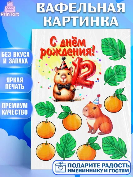 Вафельная картинка, День рождения, Капибара, праздник, Девочка, 12 лет, арт. PT221411