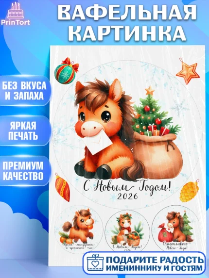 Вафельная картинка, Новый год, 2026, лошадь, лошадка, Ёлка, дед Мороз, год лошади, арт. PT221413