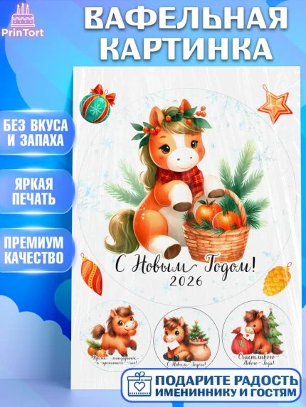 Вафельная картинка, Новый год, 2026, лошадь, лошадка, Ёлка, дед Мороз, год лошади, арт. PT221414