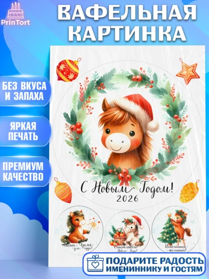 Вафельная картинка, Новый год, 2026, лошадь, лошадка, Ёлка, дед Мороз, год лошади, арт. PT221420