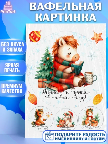 Вафельная картинка, Новый год, 2026, лошадь, лошадка, Ёлка, дед Мороз, год лошади, арт. PT221422