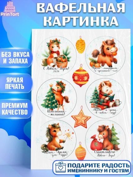 Вафельная картинка, Новый год, 2026, лошадь, лошадка, Ёлка, дед Мороз, год лошади, арт. PT221424