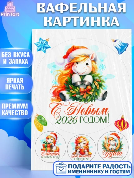 Вафельная картинка, Новый год, 2026, лошадь, лошадка, Ёлка, год лошади, новогодние игрушки, Девочка, арт. PT221427