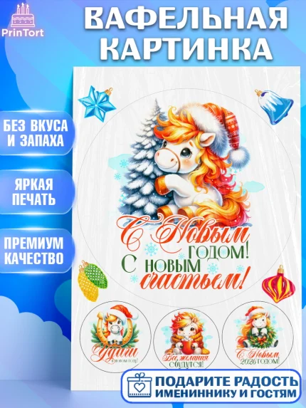 Вафельная картинка, Новый год, 2026, лошадь, лошадка, Ёлка, год лошади, новогодние игрушки, Девочка, арт. PT221429