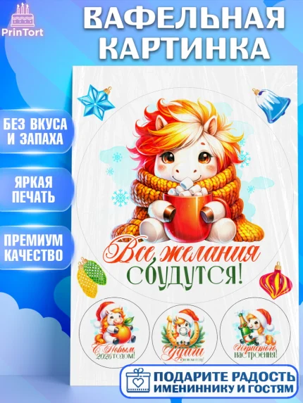 Вафельная картинка, Новый год, 2026, лошадь, лошадка, Ёлка, год лошади, новогодние игрушки, Девочка, арт. PT221430