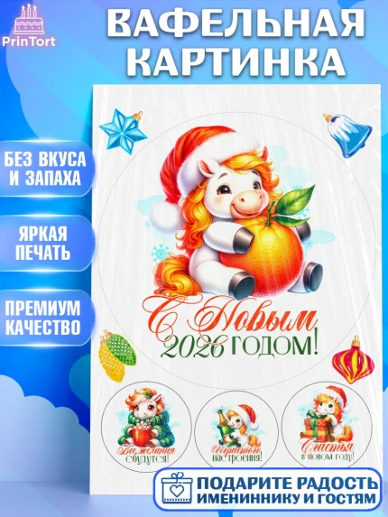 Вафельная картинка, Новый год, 2026, лошадь, лошадка, Ёлка, год лошади, новогодние игрушки, Девочка, арт. PT221431