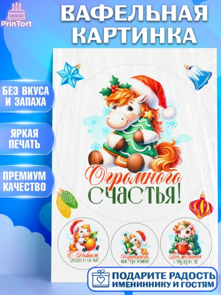 Вафельная картинка, Новый год, 2026, лошадь, лошадка, Ёлка, год лошади, новогодние игрушки, Девочка, арт. PT221433