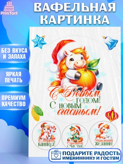 Вафельная картинка, Новый год, 2026, лошадь, лошадка, Ёлка, год лошади, новогодние игрушки, Девочка, арт. PT221436