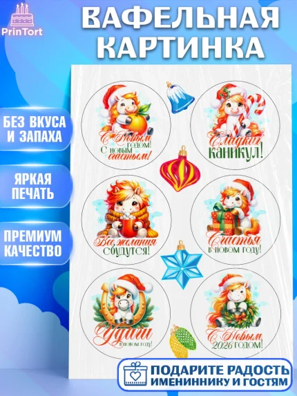 Вафельная картинка, Новый год, 2026, лошадь, лошадка, Ёлка, год лошади, новогодние игрушки, Девочка, арт. PT221440