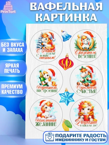 Вафельная картинка, Новый год, 2026, лошадь, лошадка, Ёлка, год лошади, новогодние игрушки, Девочка, арт. PT221441