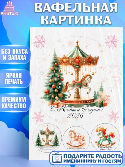 Вафельная картинка, Новый год, 2026, лошадь, лошадка, Ёлка, год лошади, новогодние игрушки, Девочка, арт. PT221443