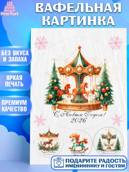 Вафельная картинка, Новый год, 2026, лошадь, лошадка, Ёлка, год лошади, новогодние игрушки, Девочка, арт. PT221446