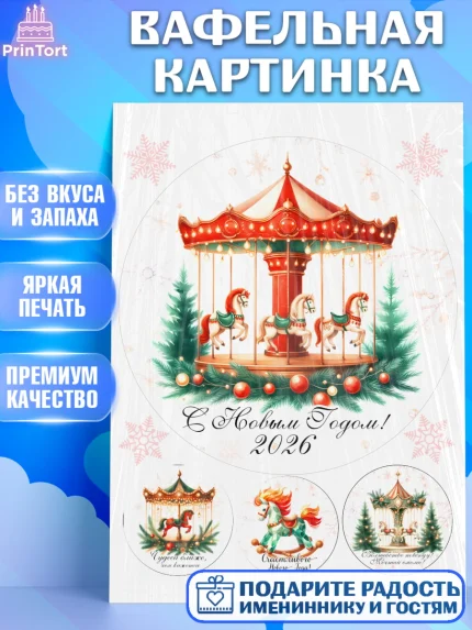 Вафельная картинка, Новый год, 2026, лошадь, лошадка, Ёлка, год лошади, новогодние игрушки, Девочка, арт. PT221447