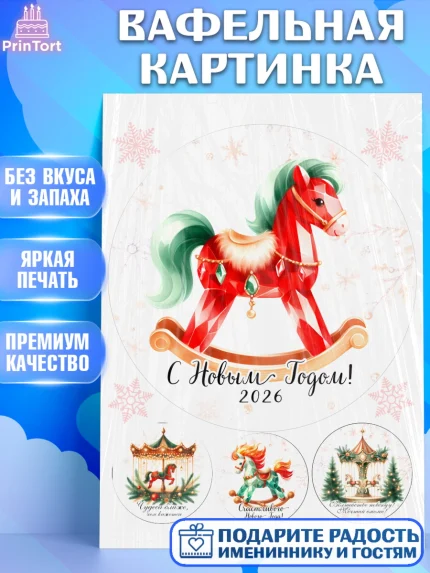 Вафельная картинка, Новый год, 2026, лошадь, лошадка, Ёлка, год лошади, новогодние игрушки, Девочка, арт. PT221448