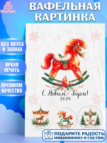 Вафельная картинка, Новый год, 2026, лошадь, лошадка, Ёлка, год лошади, новогодние игрушки, Девочка, арт. PT221449