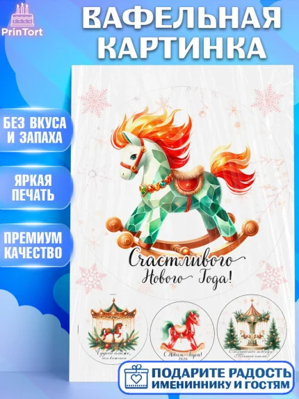 Вафельная картинка, Новый год, 2026, лошадь, лошадка, Ёлка, год лошади, новогодние игрушки, Девочка, арт. PT221450