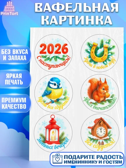 Вафельная картинка, Новый год, 2026, лошадь, лошадка, Ёлка, год лошади, новогодние игрушки, звери, арт. PT221470