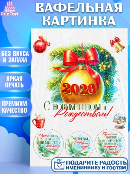 Вафельная картинка, Новый год, 2026, лошадь, лошадка, Ёлка, год лошади, новогодние игрушки, звери, арт. PT221704