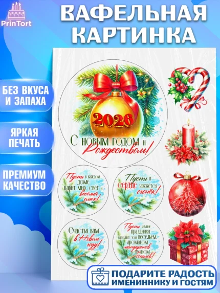 Вафельная картинка, Новый год, 2026, лошадь, лошадка, Ёлка, год лошади, новогодние игрушки, звери, арт. PT221714