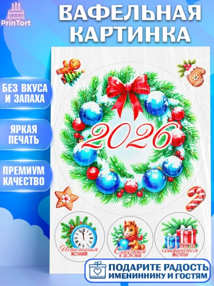 Вафельная картинка, Новый год, 2026, лошадь, лошадка, Ёлка, год лошади, новогодние игрушки, звери, арт. PT221726