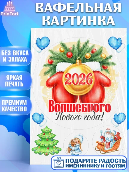 Вафельная картинка, Новый год, 2026, лошадь, лошадка, Ёлка, год лошади, новогодние игрушки, звери, арт. PT221731