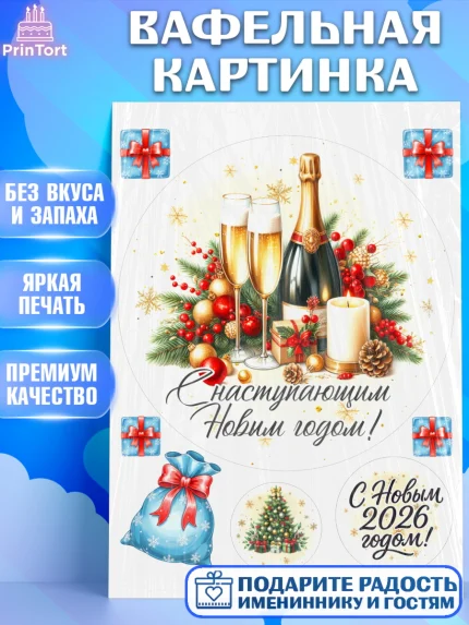 Вафельная картинка, Новый год, 2026, лошадь, лошадка, Ёлка, год лошади, новогодние игрушки, звери, арт. PT221735