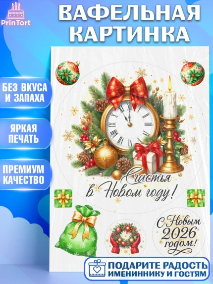 Вафельная картинка, Новый год, 2026, лошадь, лошадка, Ёлка, год лошади, новогодние игрушки, звери, арт. PT221739