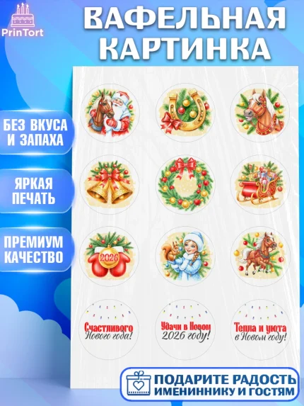 Вафельная картинка, Новый год, 2026, лошадь, лошадка, Ёлка, год лошади, новогодние игрушки, звери, арт. PT221749