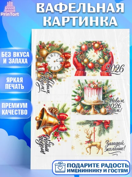 Вафельная картинка, Новый год, 2026, лошадь, лошадка, Ёлка, год лошади, новогодние игрушки, звери, арт. PT221754