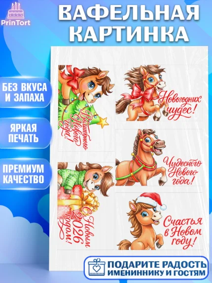 Вафельная картинка, Новый год, 2026, лошадь, лошадка, Ёлка, год лошади, новогодние игрушки, звери, арт. PT221758