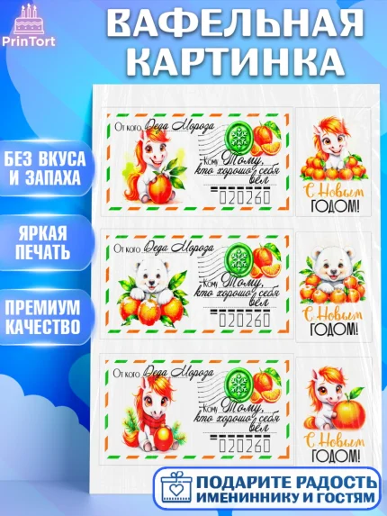 Вафельная картинка, Новый год, 2026, лошадь, лошадка, Ёлка, год лошади, новогодние игрушки, звери, арт. PT221792