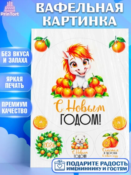 Вафельная картинка, Новый год, 2026, лошадь, лошадка, Ёлка, год лошади, новогодние игрушки, звери, арт. PT221794