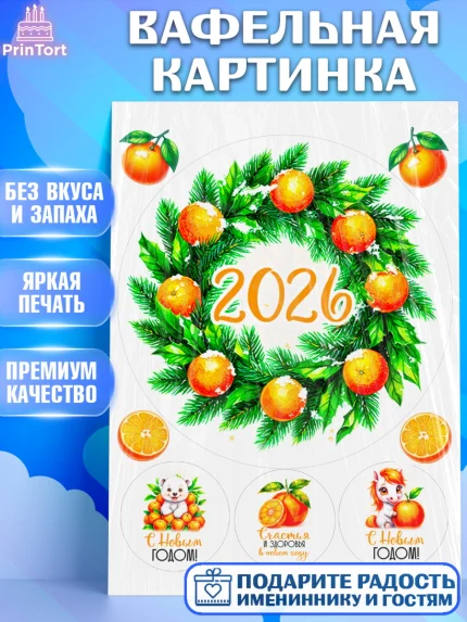 Вафельная картинка, Новый год, 2026, лошадь, лошадка, Ёлка, год лошади, новогодние игрушки, звери, арт. PT221798