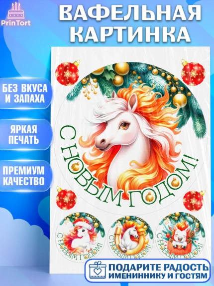 Вафельная картинка, Новый год, 2026, лошадь, лошадка, Ёлка, год лошади, новогодние игрушки, звери, арт. PT221842