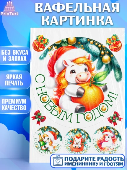 Вафельная картинка, Новый год, 2026, лошадь, лошадка, Ёлка, год лошади, новогодние игрушки, звери, арт. PT221847