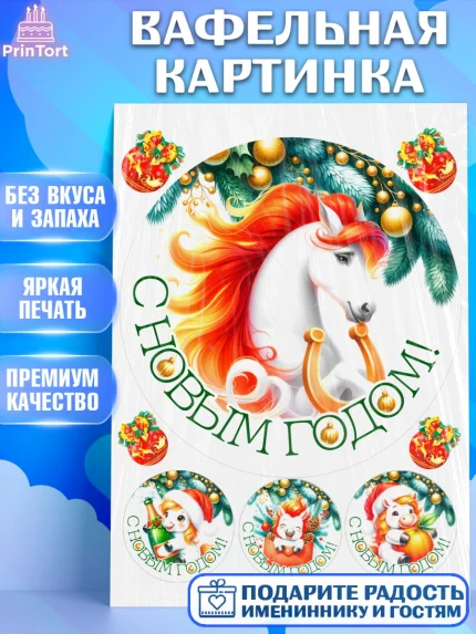Вафельная картинка, Новый год, 2026, лошадь, лошадка, Ёлка, год лошади, новогодние игрушки, звери, арт. PT221848