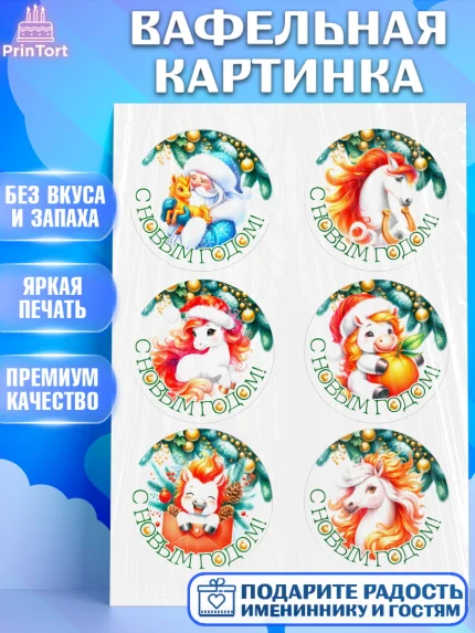 Вафельная картинка, Новый год, 2026, лошадь, лошадка, Ёлка, год лошади, новогодние игрушки, звери, арт. PT221850