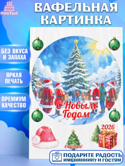 Вафельная картинка, Новый год, 2026, лошадь, лошадка, Ёлка, год лошади, новогодние игрушки, звери, арт. PT221853