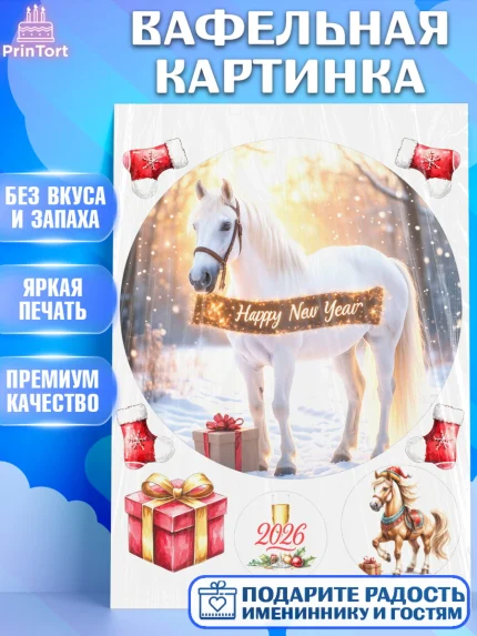 Вафельная картинка, Новый год, 2026, лошадь, лошадка, Ёлка, год лошади, новогодние игрушки, звери, арт. PT221855