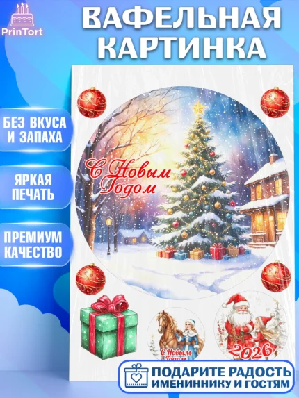 Вафельная картинка, Новый год, 2026, лошадь, лошадка, Ёлка, год лошади, новогодние игрушки, звери, арт. PT221860
