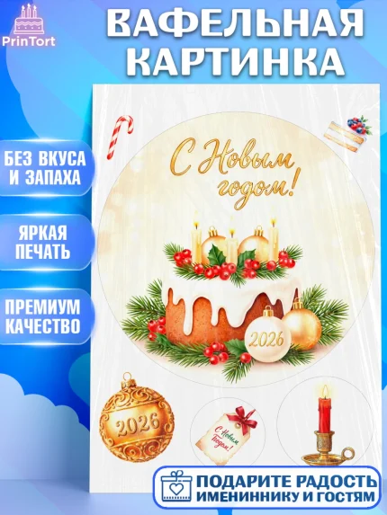 Вафельная картинка, Новый год, 2026, лошадь, лошадка, Ёлка, год лошади, новогодние игрушки, звери, арт. PT221863
